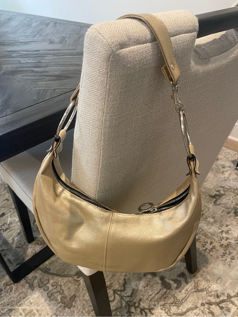 Gold Leather Crescent Shoulder Bag with silver
